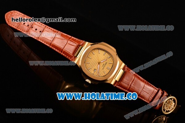 Patek Philippe Nautilus Asia Automatic Yellow Gold Case with Gold Dial Brown Leather Strap and Stick Markers - Click Image to Close